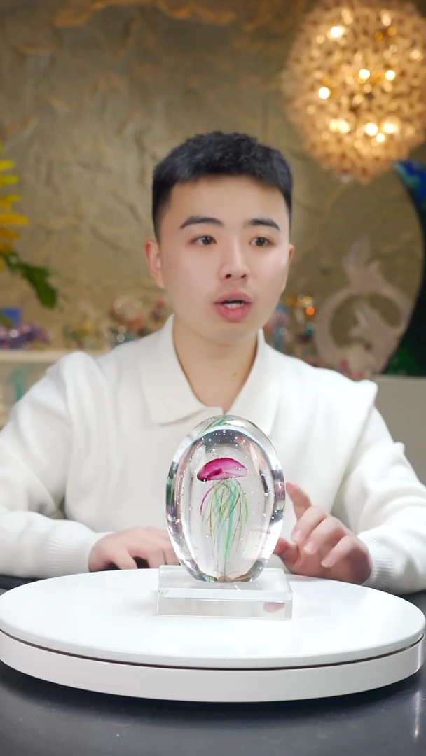 手工艺品琉璃金红色气泡工艺水母摆件+底座