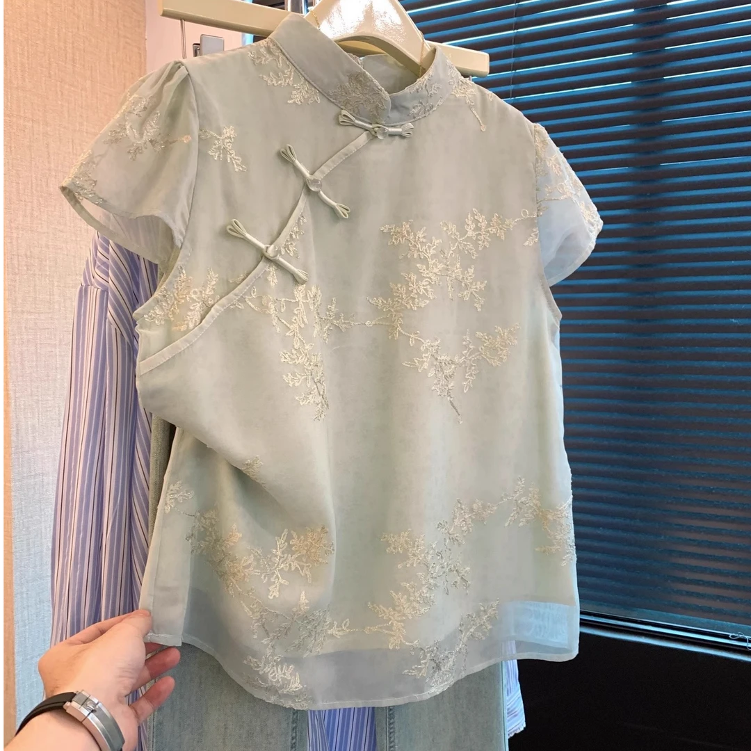 新中式亮片刺绣紫色衬衫女夏季小飞袖衬衣国风盘扣旗袍领雪纺上衣