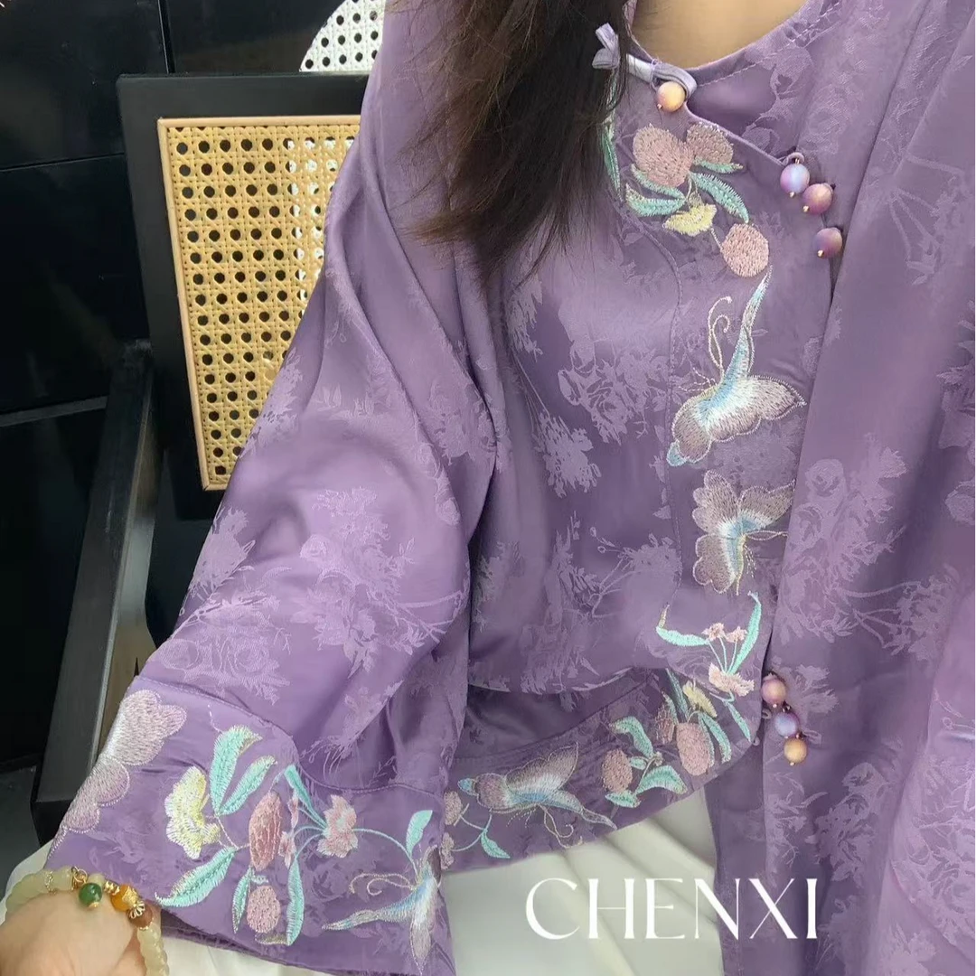 倾城｜国风新中式缎面提花刺绣打底衬衫-6139