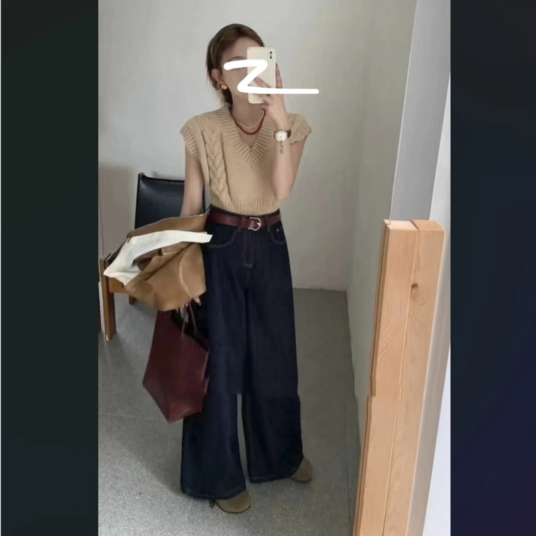 （柚子同款）YZ秋冬款娃娃绒高腰牛仔阔腿裤1651-19（大阔腿）