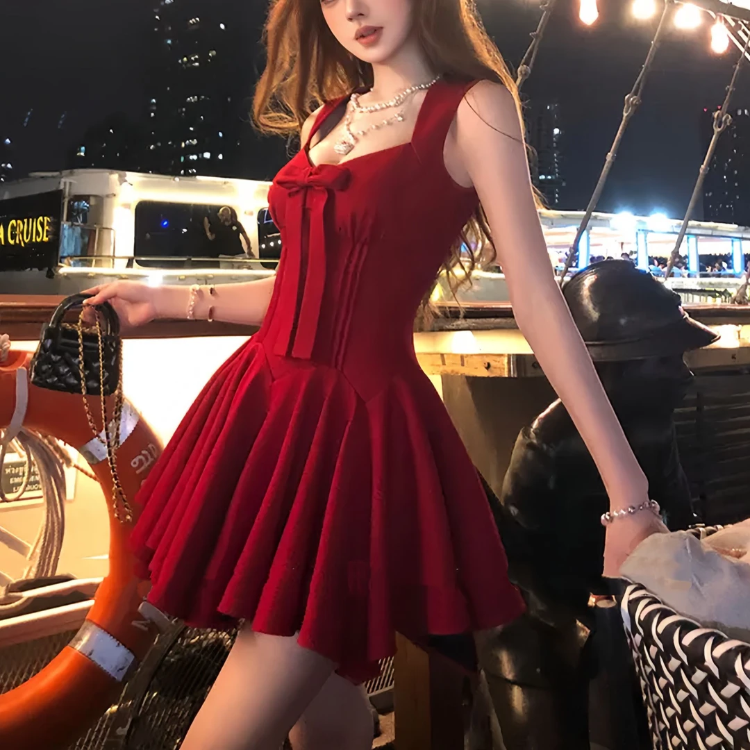 玫瑰人生 大裙摆法式裙子公主裙蝴蝶结千金感无袖收腰气质连衣裙