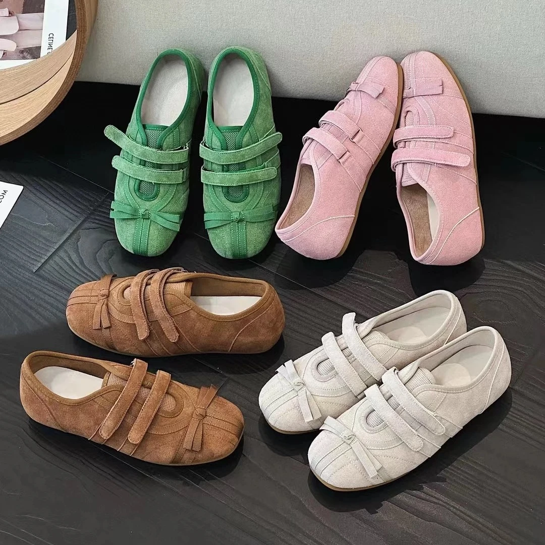 2025春夏新款韩系蝴蝶结时尚休闲芭蕾舞鞋百搭魔术贴德训鞋