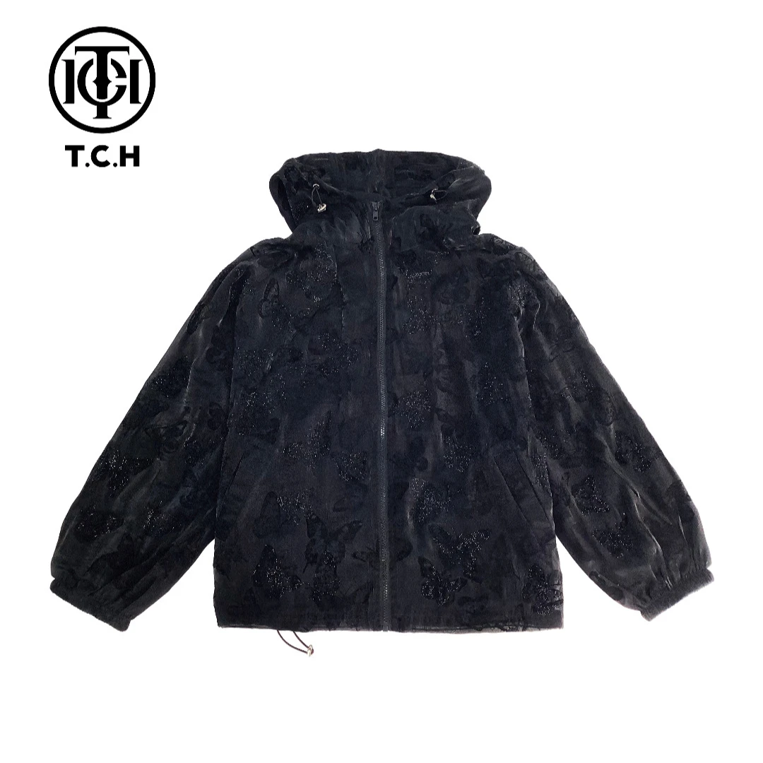 山东TCH-2025潮牌重工蝴蝶烫钻新中式黑色薄款外套T72B27E6001