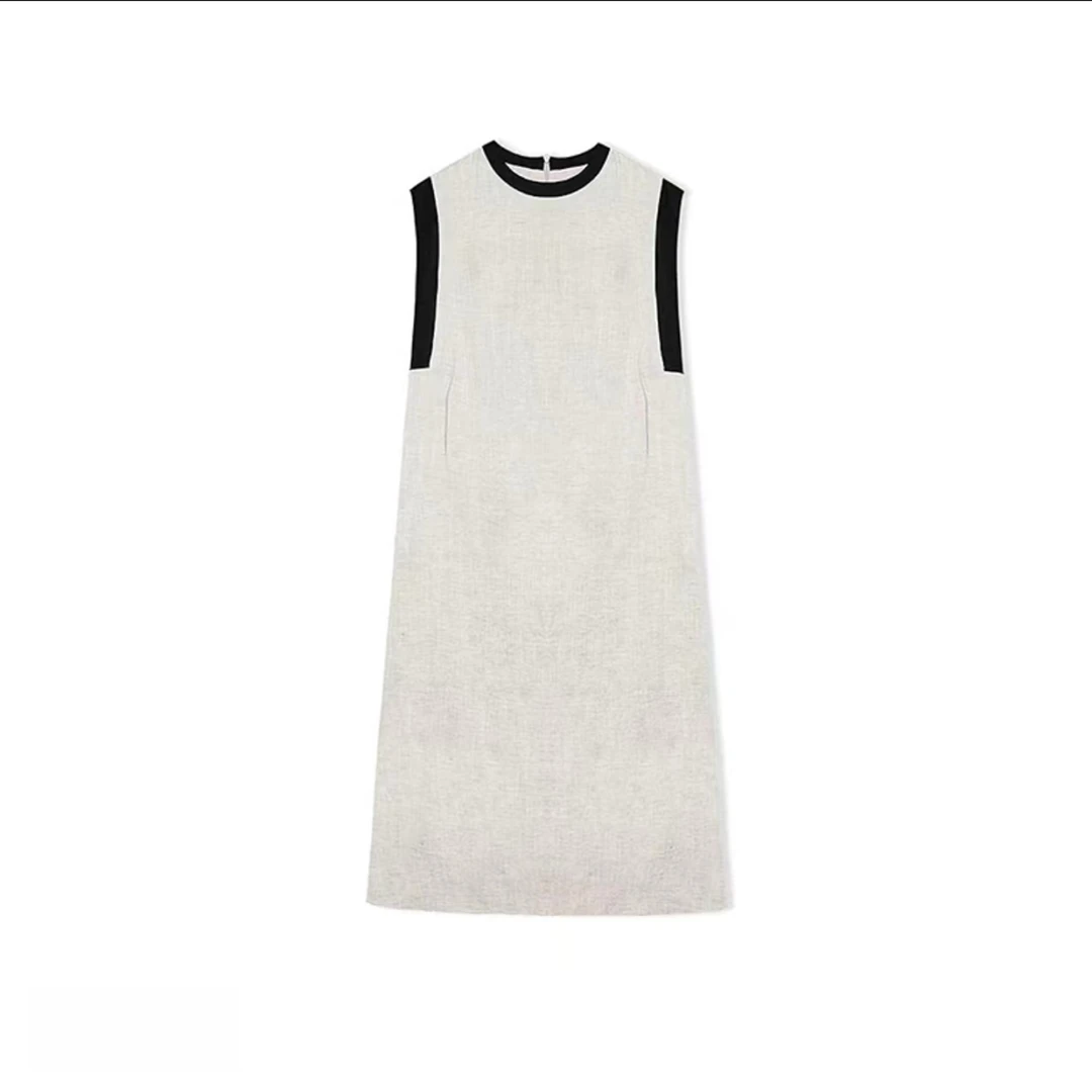 天丝亚麻撞色休闲圆领无袖连衣裙夏季气质百搭中裙8298