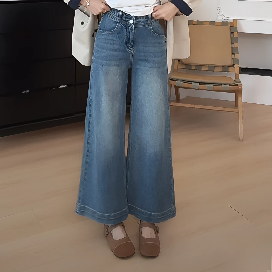 【YHH】春季韩版气质休闲复古时尚百搭双扣阔腿牛仔长裤-YHK50050