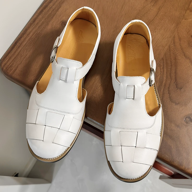 法式玛丽珍牛皮编织包头白色凉鞋男鞋夏季真皮休闲透气镂空洞洞鞋