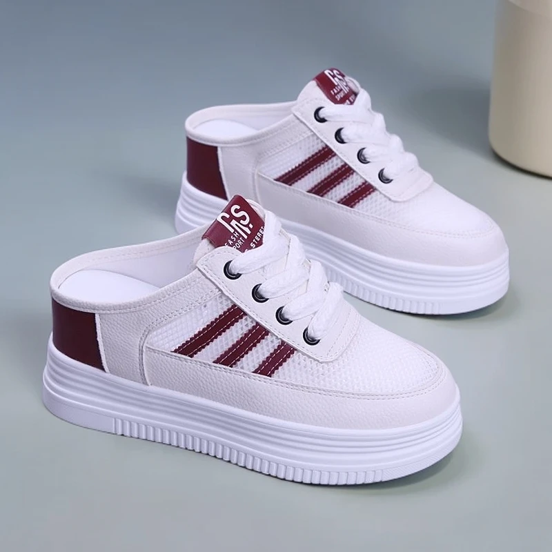 跟高7cm内增高夏季网面厚底小白鞋拖鞋时尚百搭外穿包头坡跟半拖