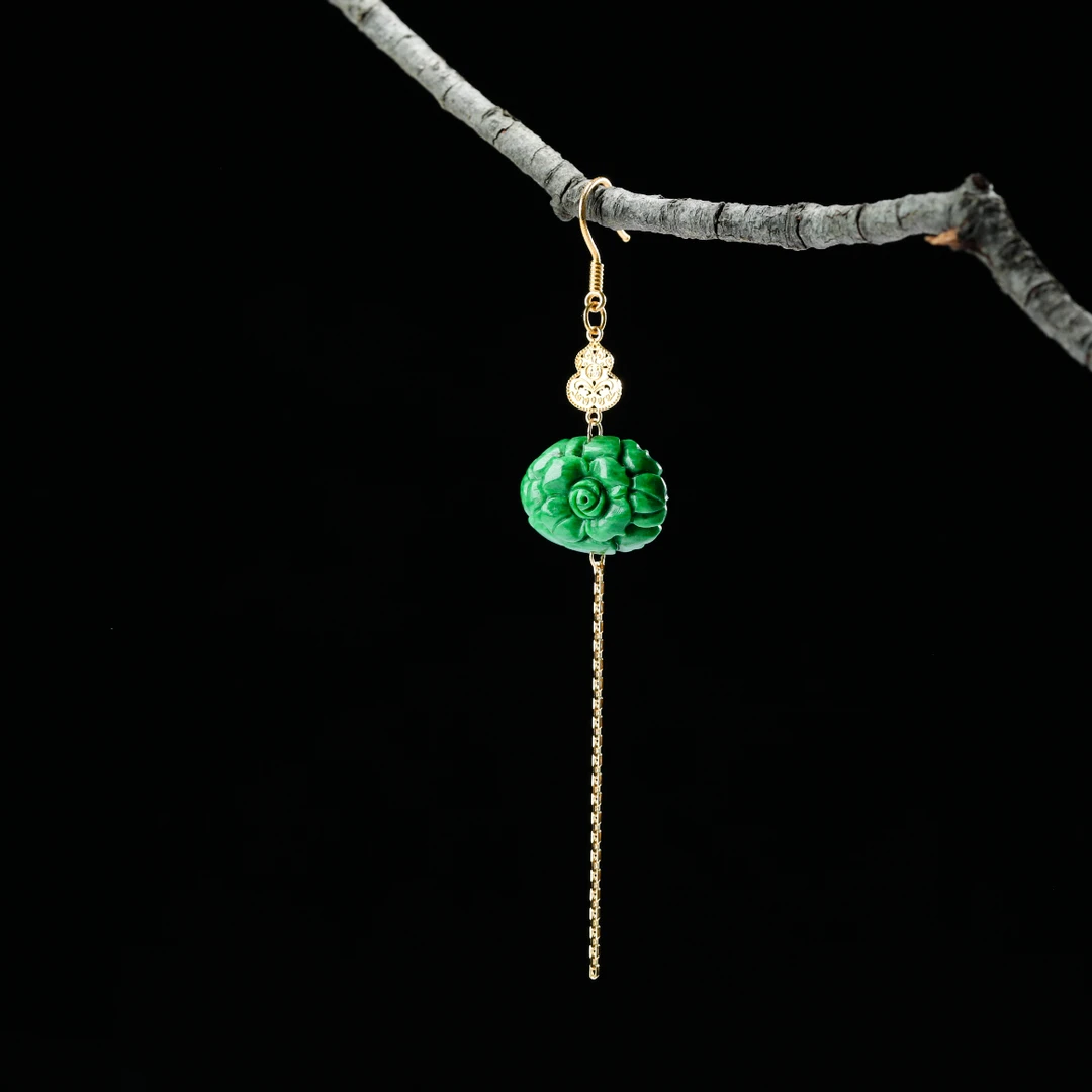 【意婵】《嘉禧》天然辣绿老翡翠精雕花耳饰18K金-909887