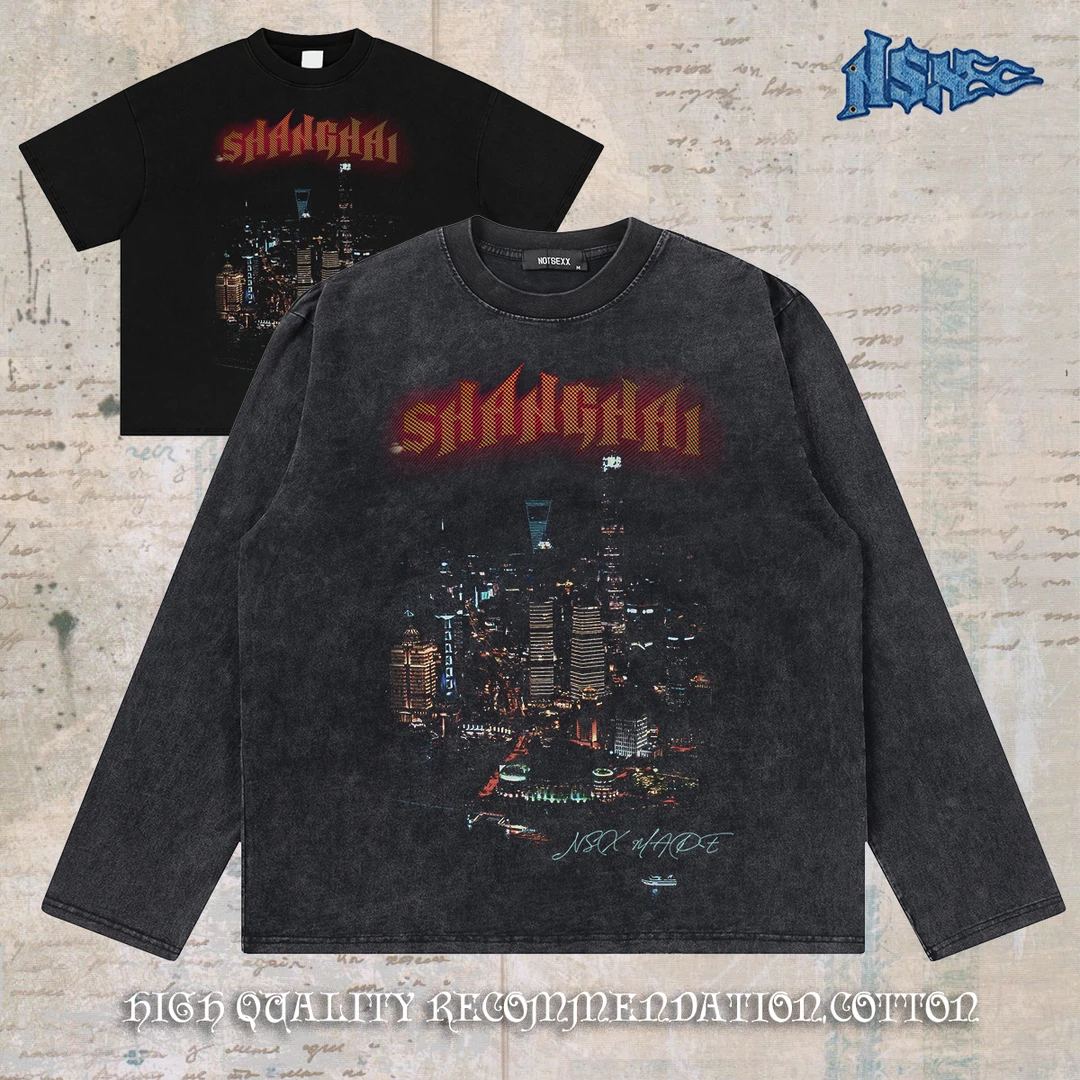 notsexx“夜上海” 进口数码直喷重磅纯棉短宽boxy短袖长袖t恤男式
