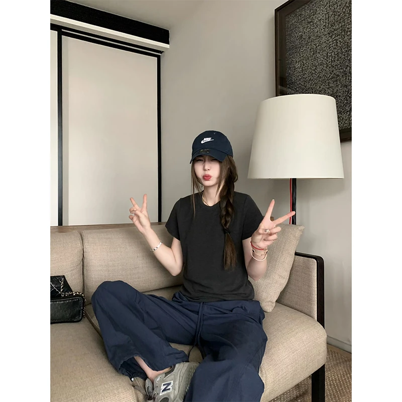 韩版宽松显瘦圆领气质短袖T恤上衣女2024夏季新款时尚高腰休闲裤