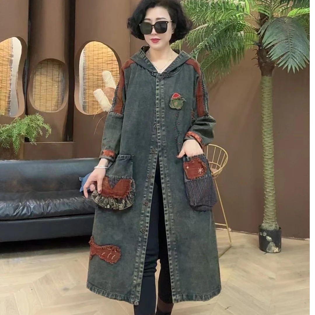 君姐服饰[052]春季新款砂洗牛仔复古贴布绣宽松休闲时尚连帽风衣