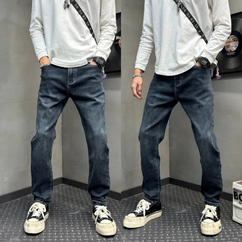 做旧修身深蓝牛仔长裤复古磨白肌理微锥裤子高街日常加绒百搭裤装
