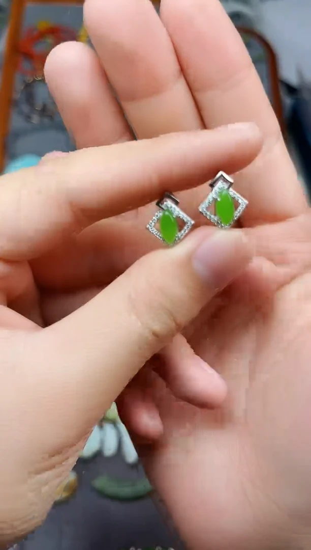 银S925镶嵌和田玉耳饰方糖耳钉06