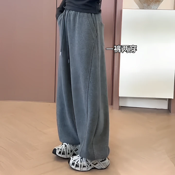 2025秋冬加绒阔腿裤女韩版新款显瘦羊毛保暖小弯刀裤高克重休闲裤
