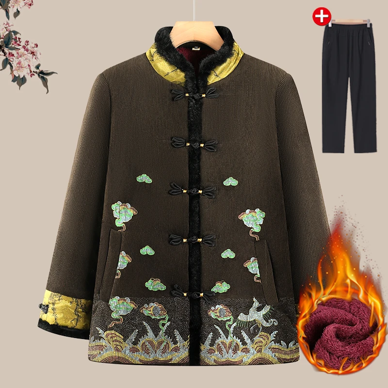 奶奶冬装加绒外套中老年人舒适毛领棉衣女老太妈妈中长款毛呢外套