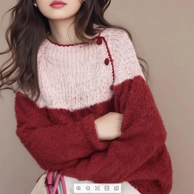 复古红色拼色少女感宽松显瘦百搭圆领毛衣温柔慵懒甜美针织上衣秋