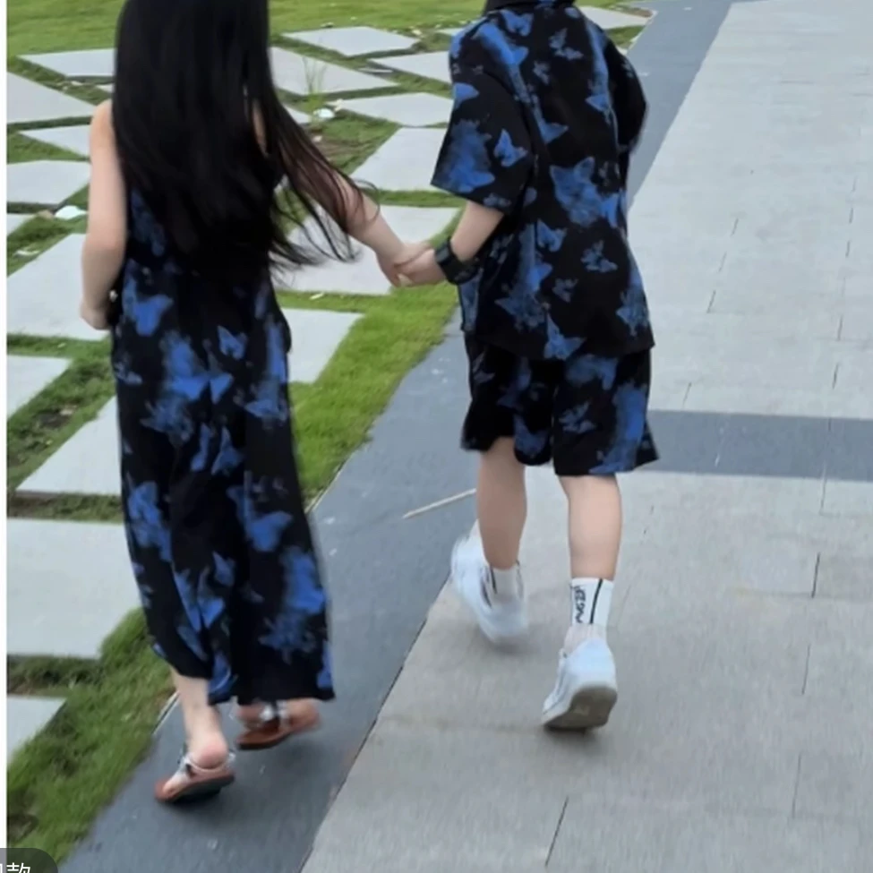 兄妹装儿童夏季男女宝法式蝴蝶衬衫套装吊带连衣裙D