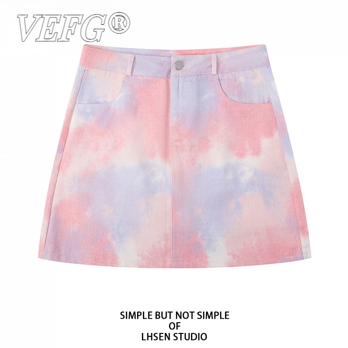 VEFG辣妹紮染牛仔短裙女秋季高腰显瘦设计感A字时尚包臀半身裙女