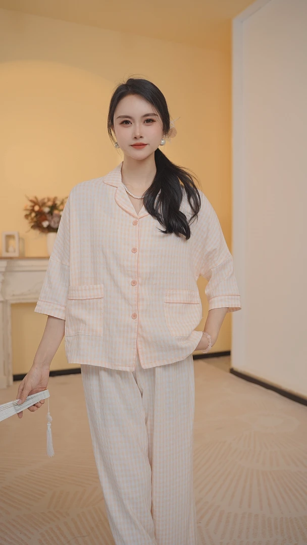 （淡粉格子）2025年春季新款纯棉透气可外穿家居服