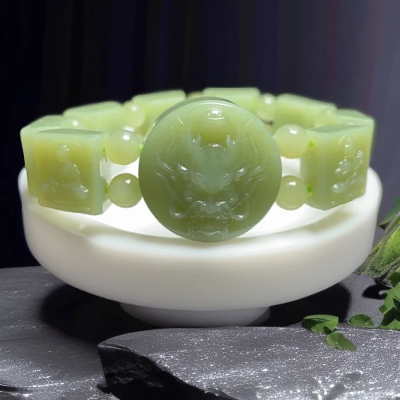 新疆和田玉若羌黄口 精雕八大守护玉石龙头手牌玉手串