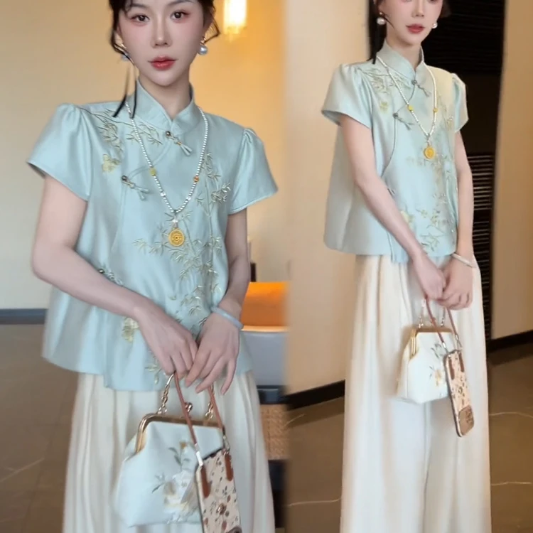 新中式国风套装女2025夏季新款时尚洋气盘扣衬衫阔腿裤减龄两件套
