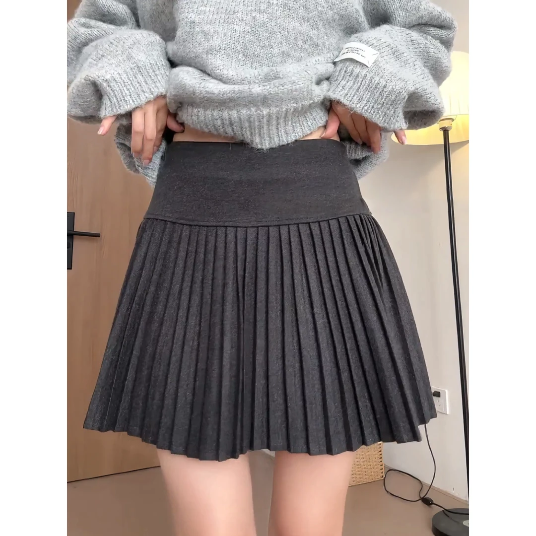 韩系学院风灰色毛呢百褶半身裙女秋冬大码胖mm高腰防走光a字短裙