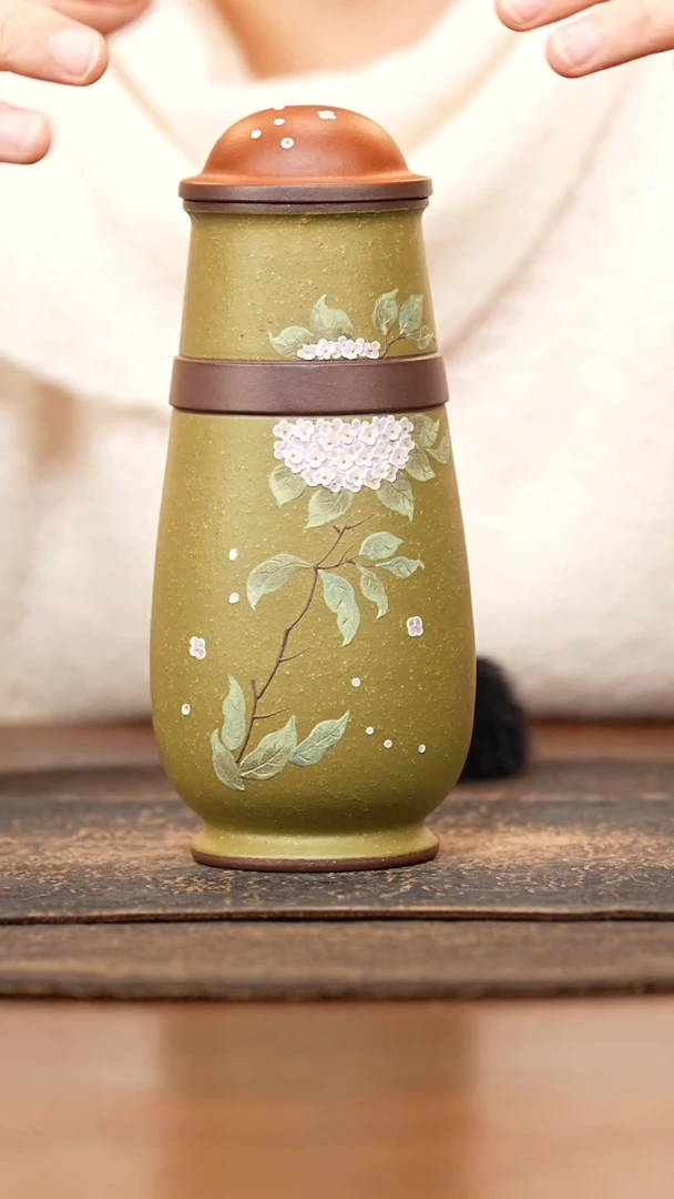 紫砂茶叶罐笠帽盖豆青泥泥绘绣球花茶叶罐