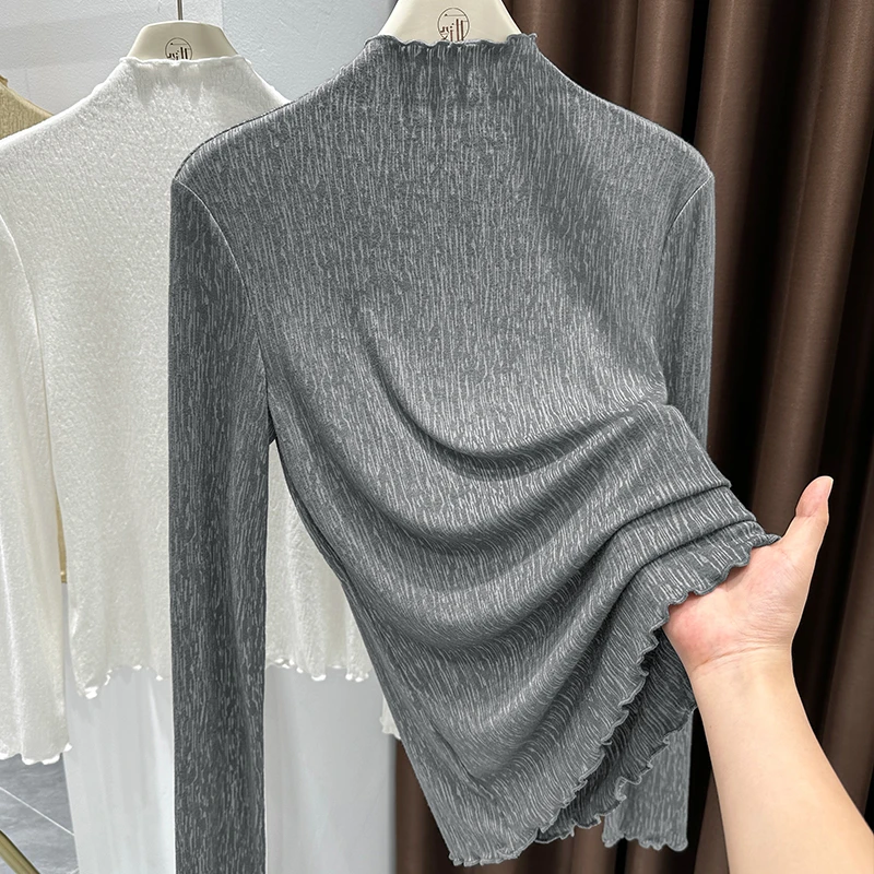 灰色木耳边半高领长袖T恤女爆款2025新款秋冬百搭纯色打底衫上衣