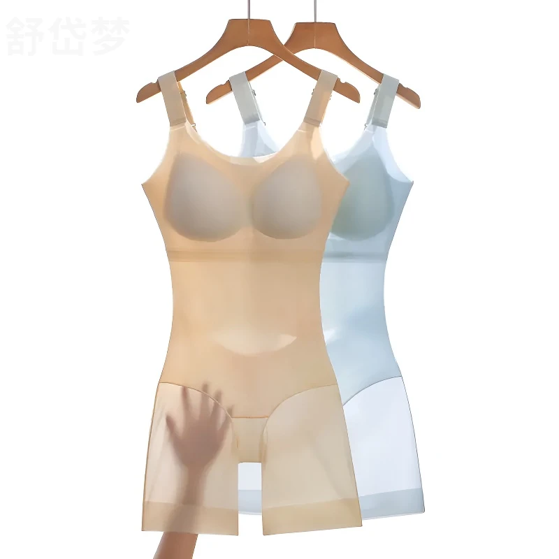 超薄美体连体塑身衣女夏季薄款收腹包臀胸垫后脱式冰丝无感内衣