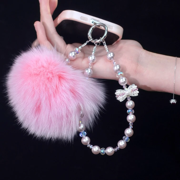 XX322【桃酥】手机链便携狐狸毛串珠链条水晶手工编绳挂件防丢