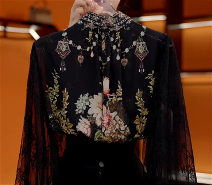 2025新款原版正品时尚衬衫女春高级感烫钻立领蕾丝拼接气质衬衣