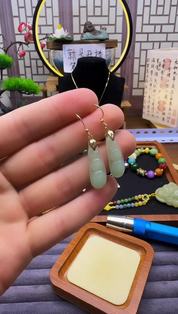 和田玉14K金镶嵌耳饰E356