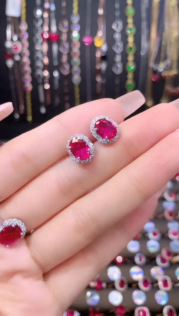 耳饰银S925镶嵌红宝石68银色