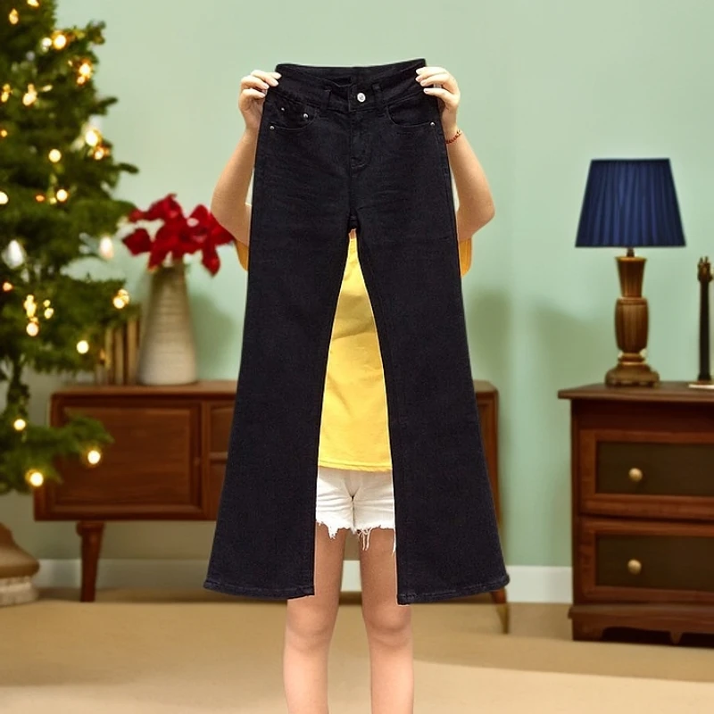 2025秋冬加绒黑色牛仔裤女高腰显瘦宽松喇叭裤女修身百搭微喇裤子
