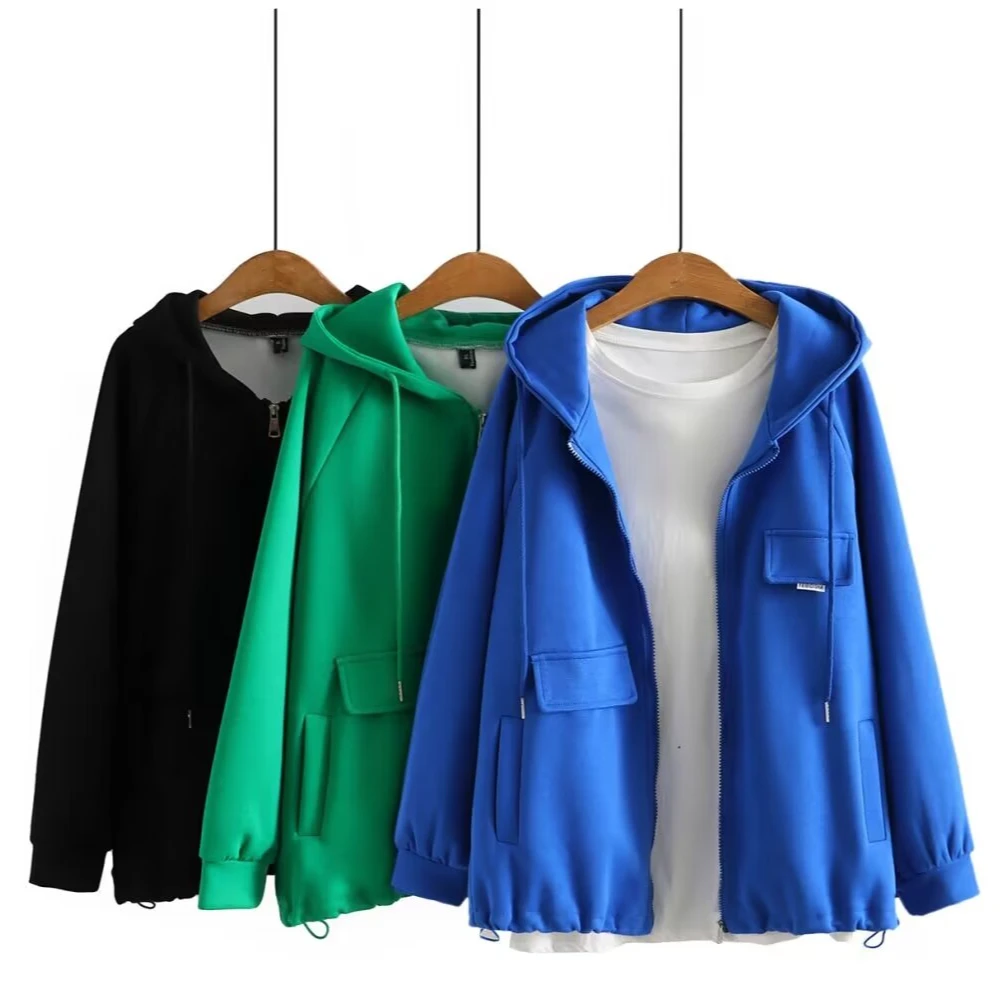 XG615下摆抽绳插肩袖连帽卫衣外套大码女装休闲运动帽衫长袖上衣