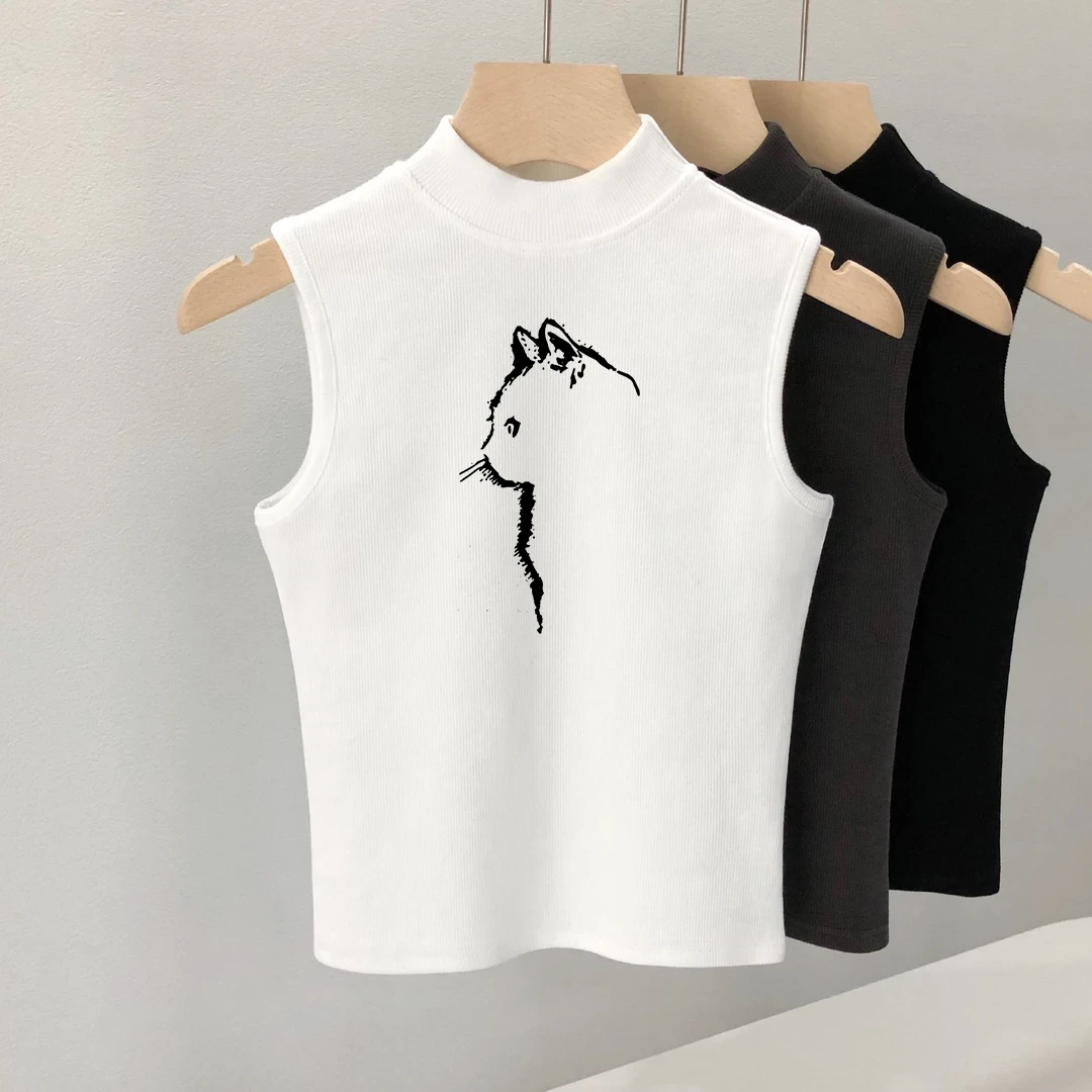 白色猫咪半高领背心女2025早秋新款时尚遮副乳修身显瘦无袖上衣潮