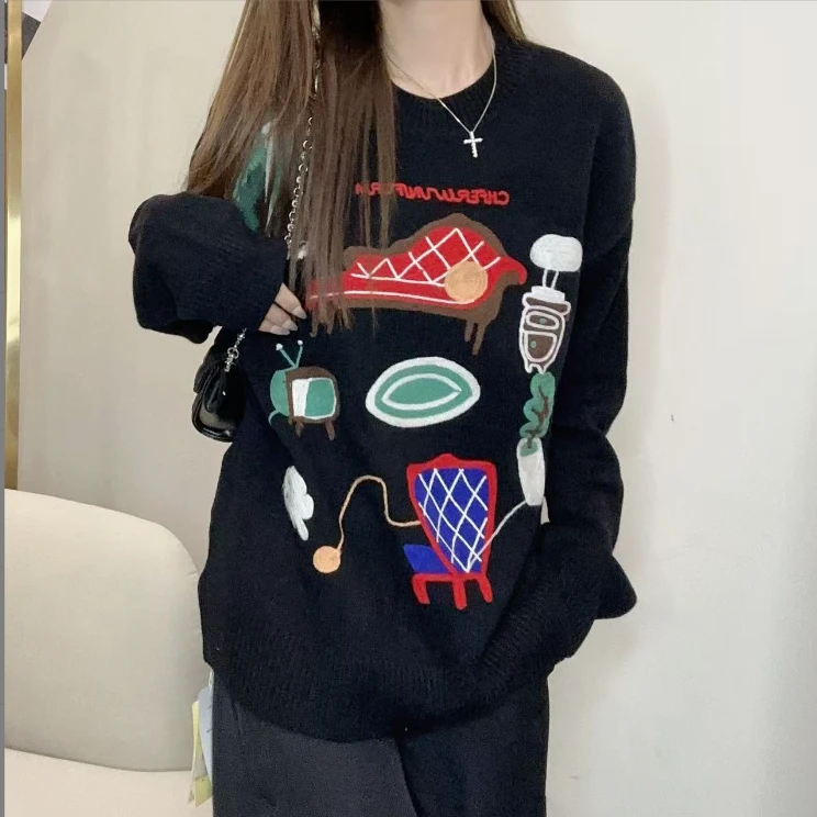 【100%山羊绒】240855轻奢甜美复古风卡通刺绣针织套头衫