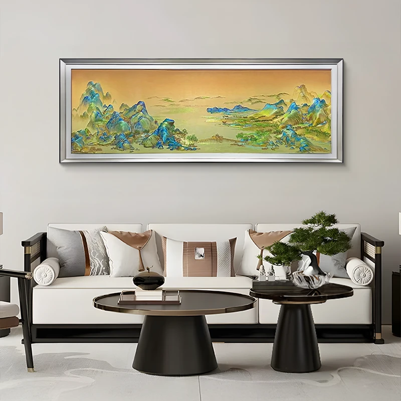 高货立体实物刺绣千里江山图 钢化玻璃装饰画 沙发背景挂画山06