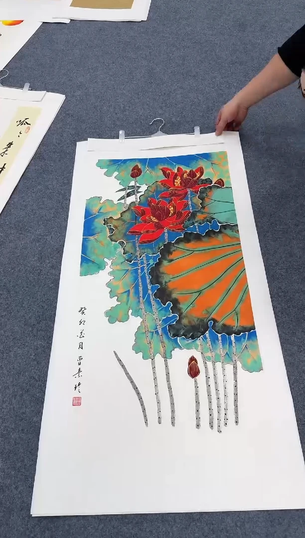 国画重彩荷花手绘作品