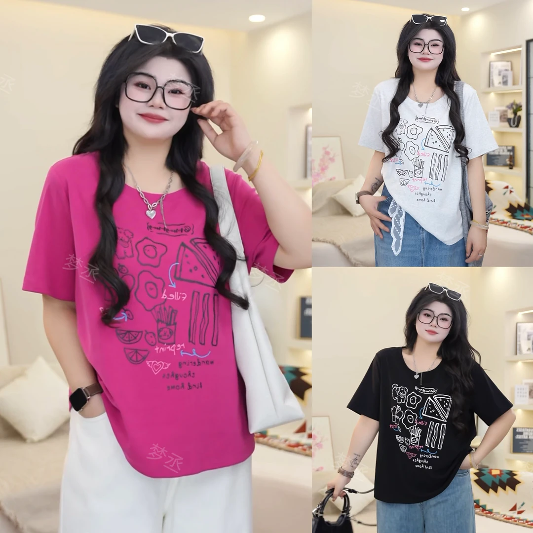 梦丞【蝉鸣的夏】大码女装圆领可爱百搭宽松印花正肩时尚短袖上衣