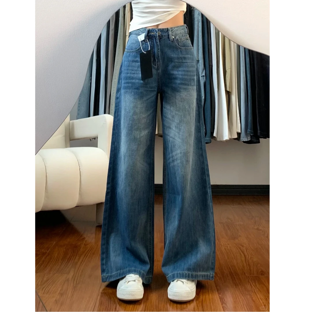美式水洗蓝烟花阔腿牛仔裤女2025新款高腰慵懒垂感折痕直筒拖地裤