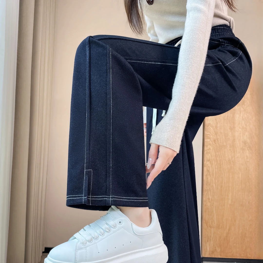 牛仔阔腿裤女秋冬季休闲垂感显瘦高级感百搭开叉加绒窄版直筒裤子
