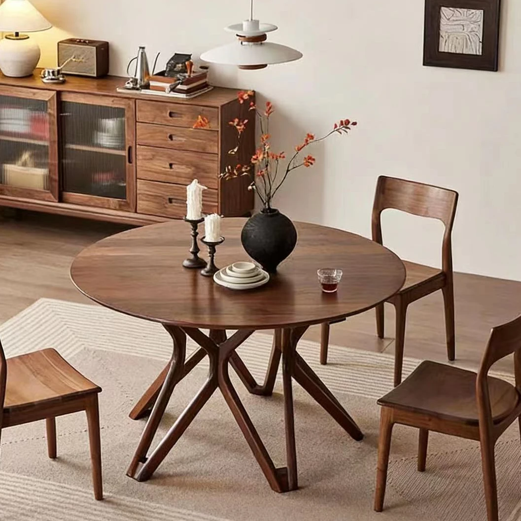 凯欣素木北美黑胡桃木圆餐桌简约全实木圆桌别墅豪宅家用餐厅圆桌