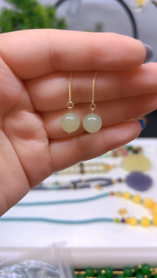 银S925镀金镶嵌和田玉耳饰E723