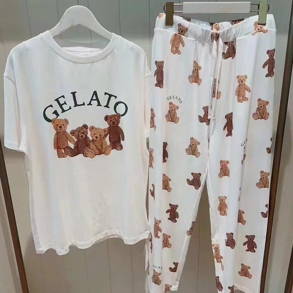 夏季新款时尚年轻款冰淇淋可爱小熊四只可外穿短袖长裤睡衣家居服