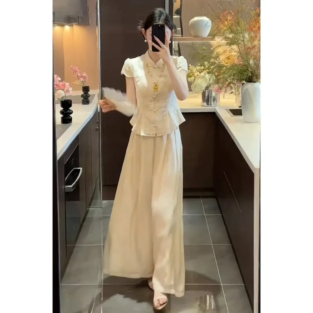 新中式国风禅意套装女夏季松弛感重工亮片刺绣上衣