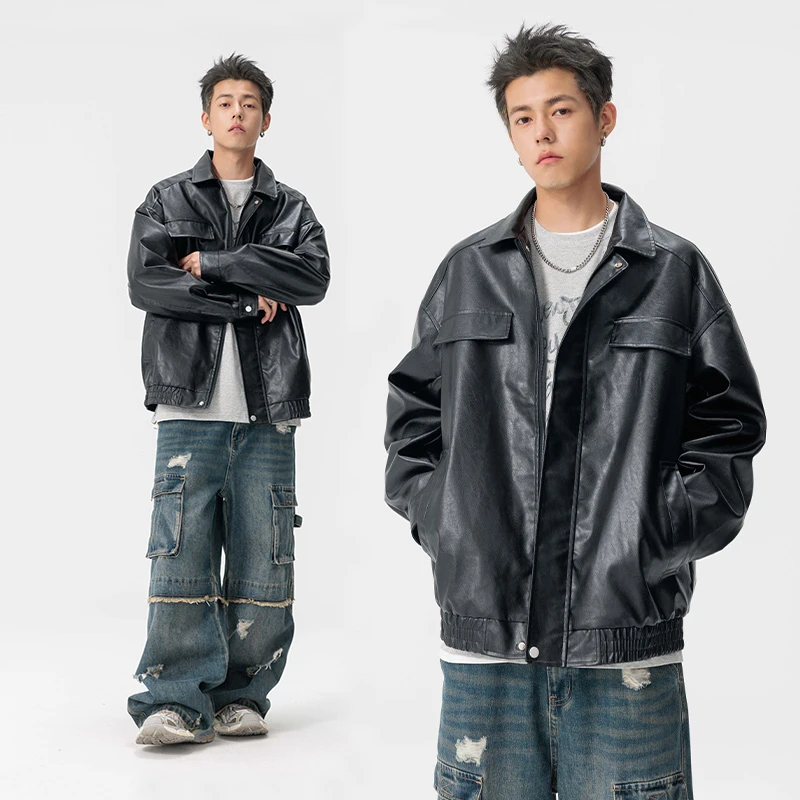 学院风春秋新款学院风时尚休闲情侣宽松百搭外套翻领PU皮夹克