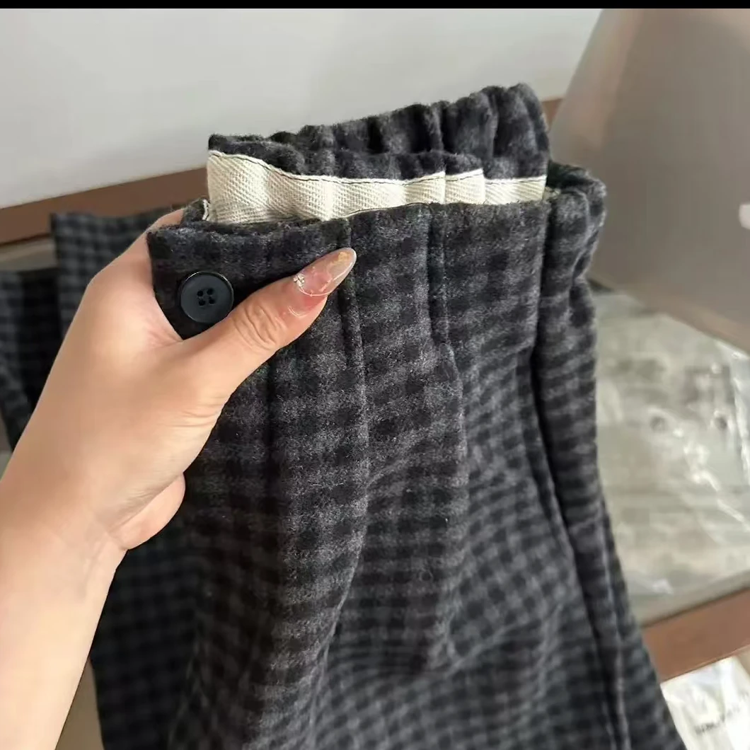 韩国东大门2024秋冬松紧垂感宽松百搭显瘦经典阔腿双面毛呢格子裤