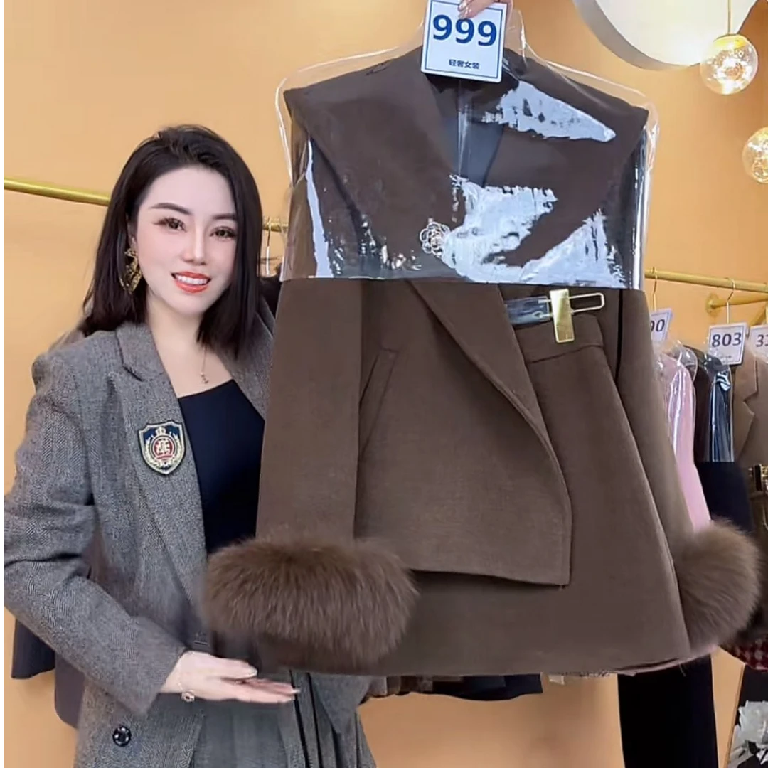 加棉保暖2025秋冬新款女士西装休闲风时尚套装短裙设计师套装C999