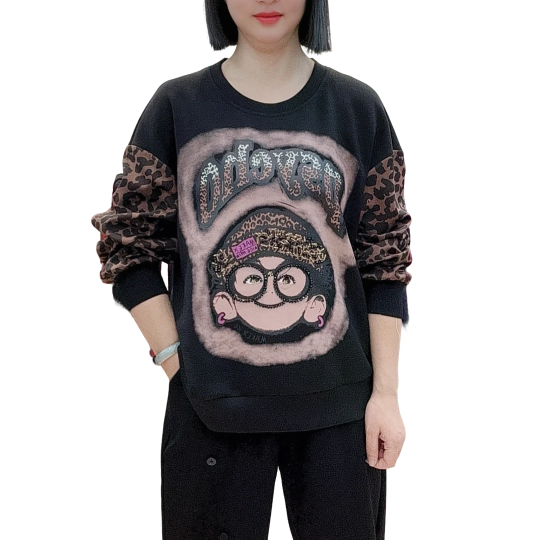 【洋玉服饰】豹纹时尚拼接不褪色卫衣圆领女装重工印花长袖女士